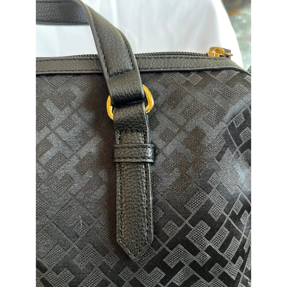 Tommy Hilfiger Black Signature Monogram Satchel‎ Handbag Gold Hardware